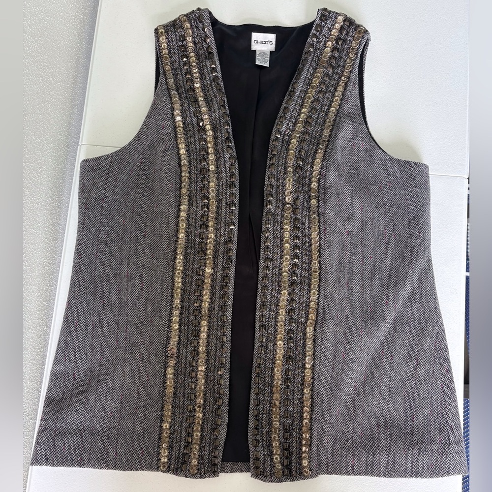 Chico's Embellished Gray Tweed Vest with Gold Trim (Bin 14)